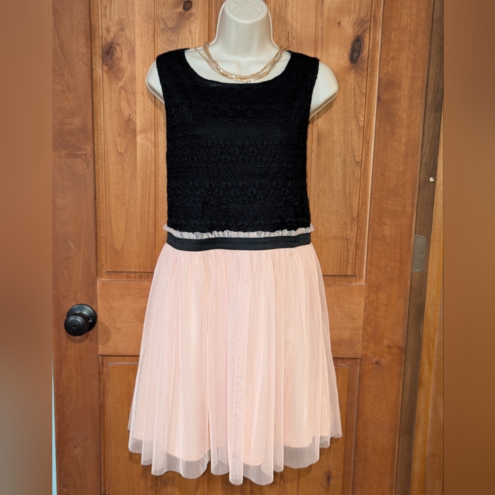 AUW Black Lace and Pink‎ Tulle Midi Dress